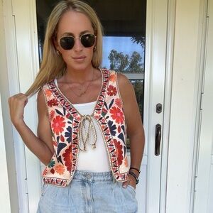 Floral Embroidered Vest with Tie Closure